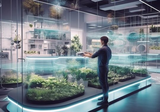 Un hombre observa una vitrina de vidrio llena de plantas, en un entorno futurista y sostenible, con tonos grises y cian, vistas aéreas y una sensación de espacio plano.