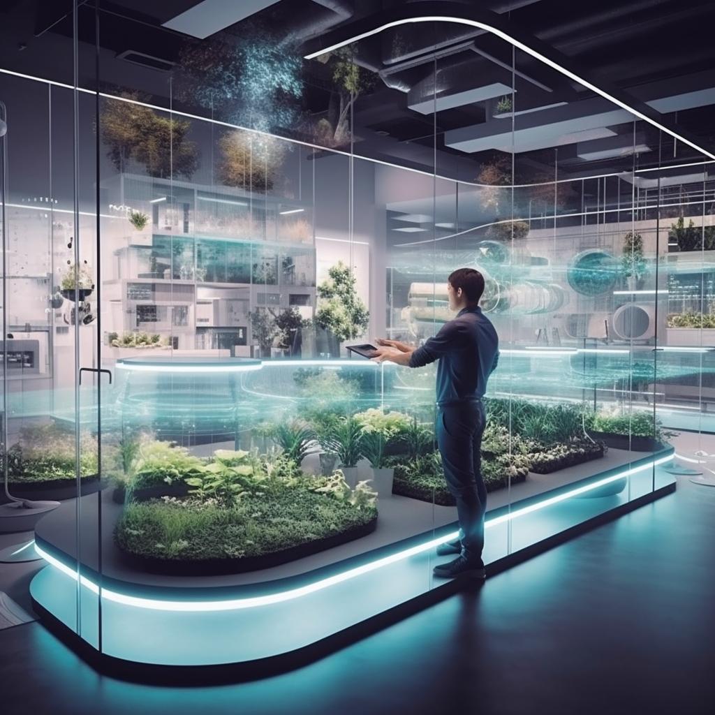 Un hombre observa una vitrina de vidrio llena de plantas, en un entorno futurista y sostenible, con tonos grises y cian, vistas aéreas y una sensación de espacio plano.