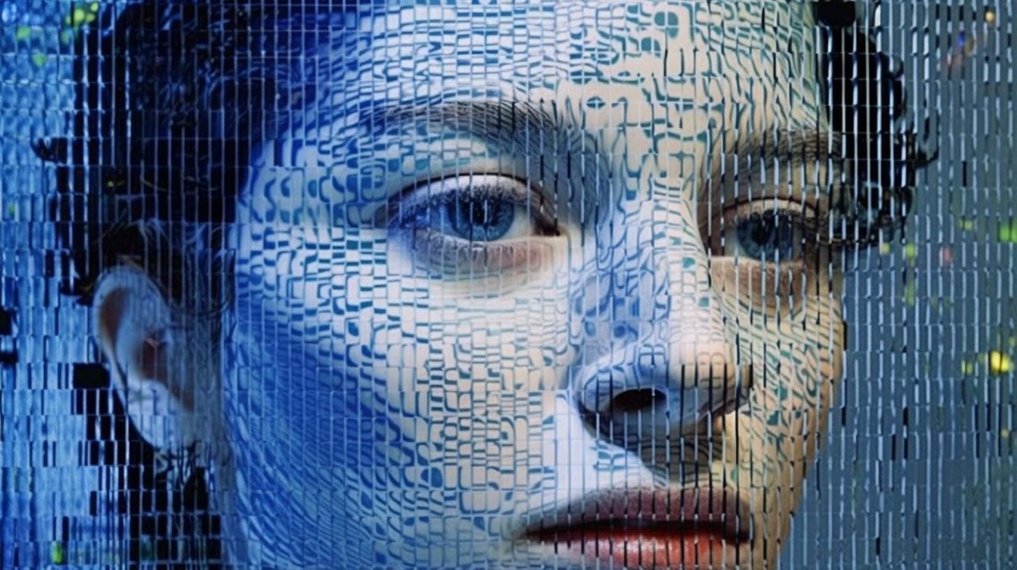 "Rostro de una chica compuesto por números y códigos en tonos plateados y azules, creado con un estilo realista de trompe-l'oeil, como si fuera una representación subjetiva de la forma digital."