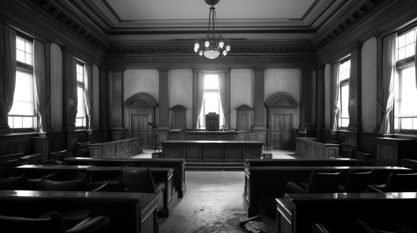 Una sala de juicio y un banquillo en blanco y negro, con un realismo inquietante, al estilo del motor gráfico Unreal Engine 5, inspirado en las obras de Ed Freeman y George Elgar Hicks.