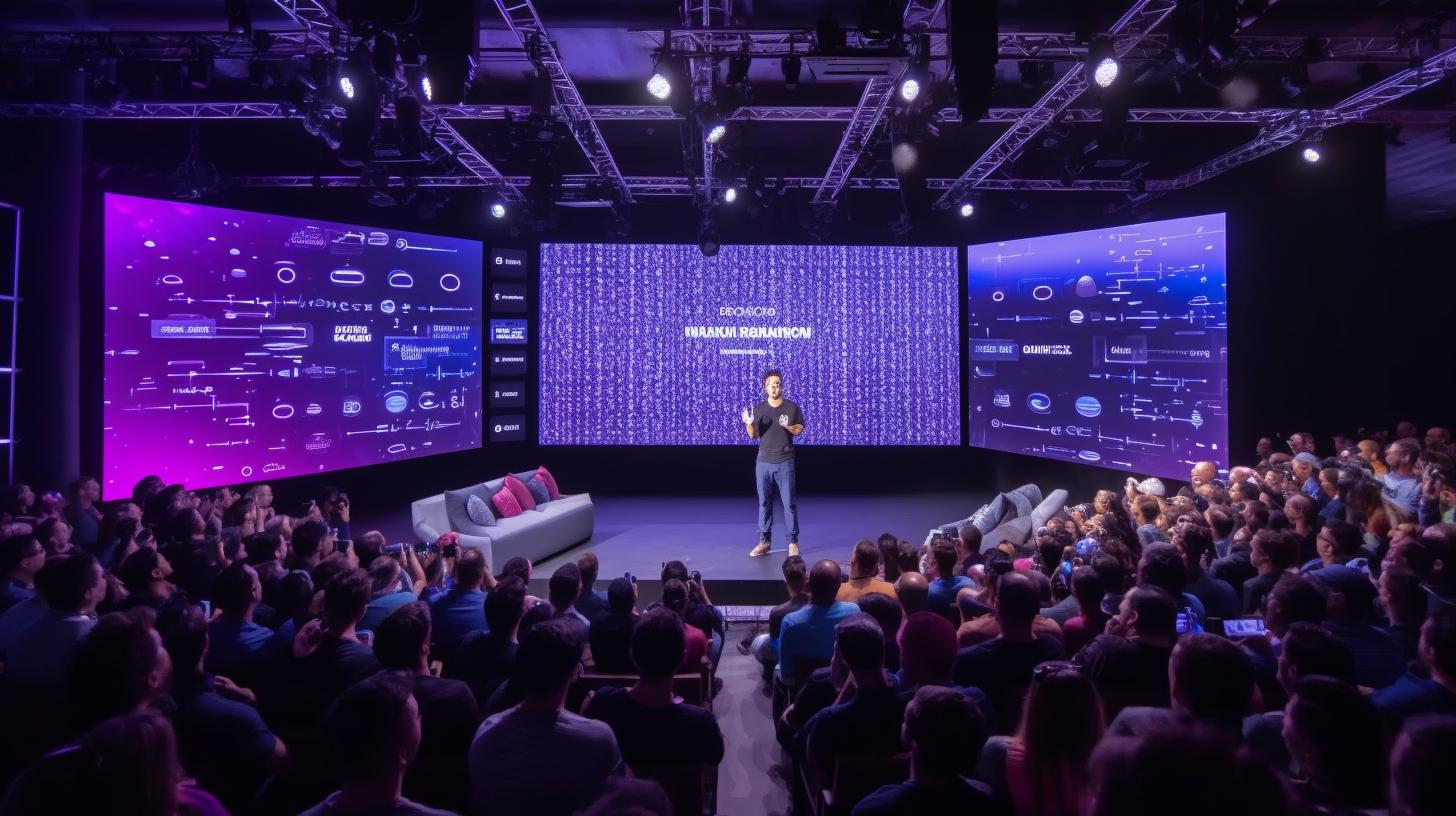 Una persona en un escenario iluminado en tonos de azul oscuro y púrpura, dirigiéndose a una audiencia en un evento con un ambiente de fusión tecnológica y diseño modular, evocando una estética gamercore.