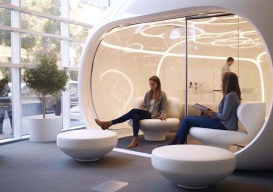 Una oficina futurista diseñada con formas bulbosas y claridad de forma, creando una atmósfera serena y meditativa.