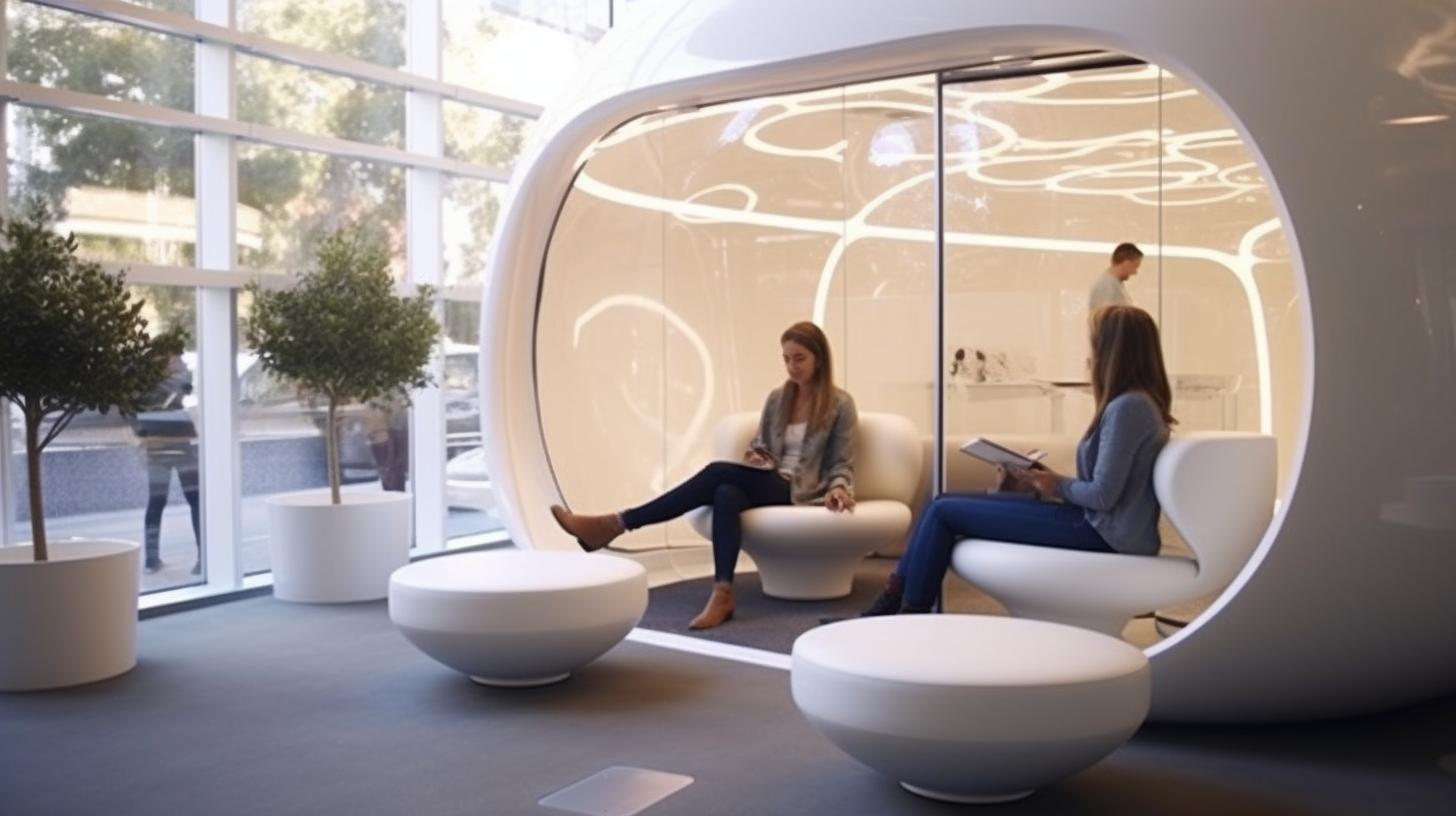 Una oficina futurista diseñada con formas bulbosas y claridad de forma, creando una atmósfera serena y meditativa.