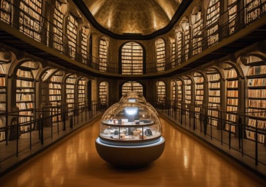 "Una vasta biblioteca llena de libros y estantes de vidrio, con un estilo redondeado e inmersivo que evoca la sensación de estar en un objeto arqueológico exquisitamente elaborado."