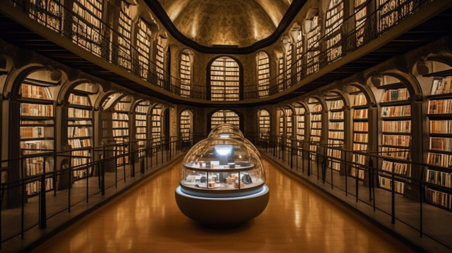 "Una vasta biblioteca llena de libros y estantes de vidrio, con un estilo redondeado e inmersivo que evoca la sensación de estar en un objeto arqueológico exquisitamente elaborado."