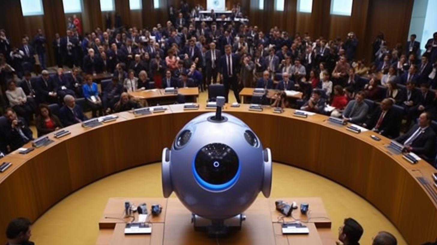 Un robot se encuentra sentado entre un grupo de personas, en un estilo que recuerda a una lente ojo de pez, con referencias a la cultura pop y un ambiente que evoca la academia oceánica, inspirado en las obras de Moshe Safdie y Edogawa Ranpo.