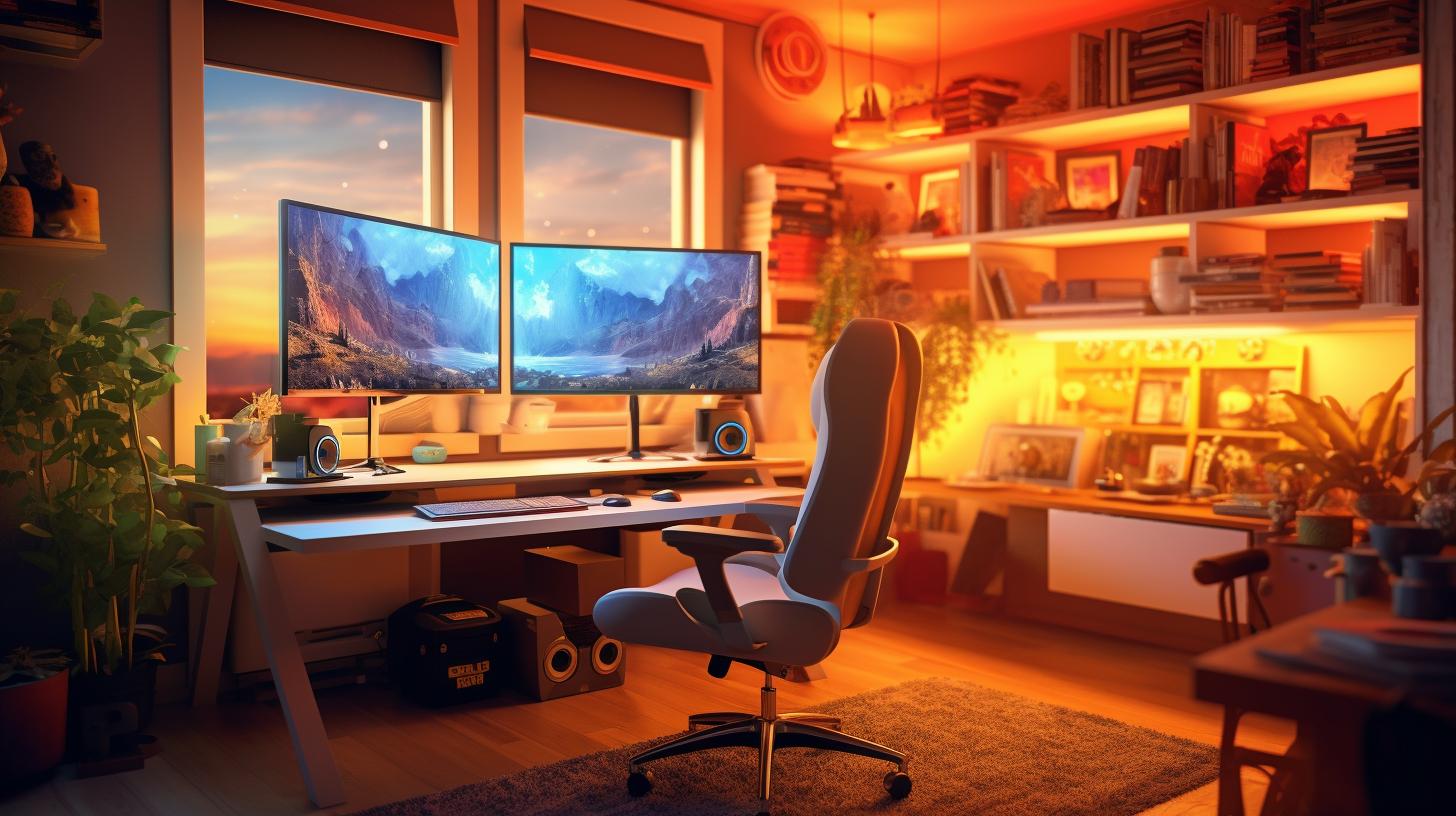 "Una sala de computadoras de juego meticulosamente organizada, bañada en tonos cálidos y rojos suaves, con cielos azules realistas que evocan el estilo del tonalismo americano y puntos focales suavemente redondeados."