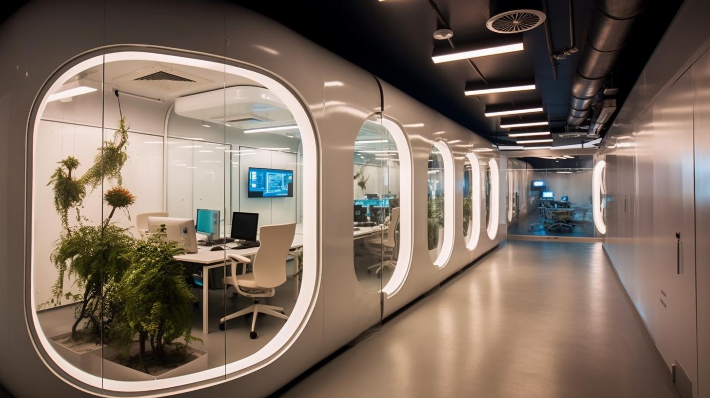 Una oficina moderna con paredes de cristal y plantas, diseñada al estilo de una nave espacial futurista, iluminada con luces de neón y decorada con formas redondeadas en tonos blancos y grises.