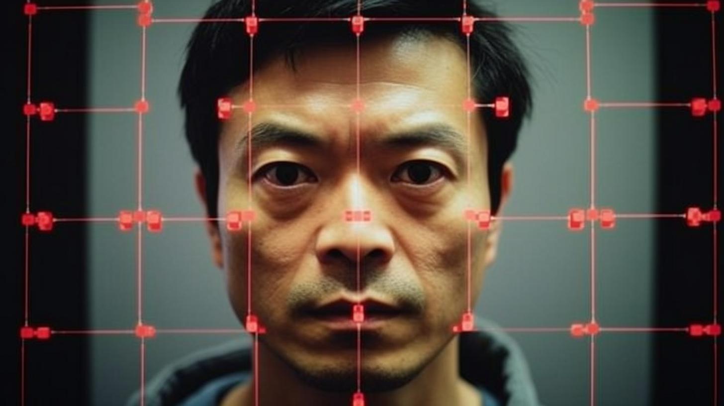 Un retrato conmovedor de un hombre con un fondo de cuadrados rojos, evocando el estilo tradicional chino, con un enfoque en las conexiones y articulaciones, capturado a través de una cámara térmica.