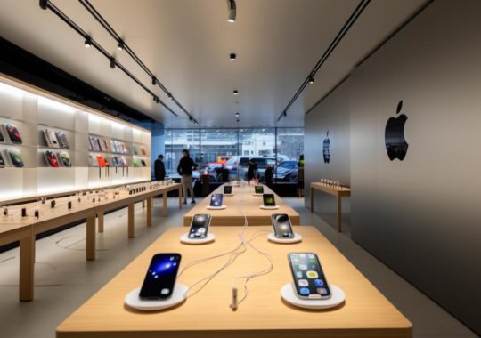 Una meticulosa y premiada exhibición de la tienda Apple, con mesas de teléfonos y estantes, resaltada por paneles de resina opaca y un rango dinámico alto, presentando un diseño simple, gráfico y simétrico.