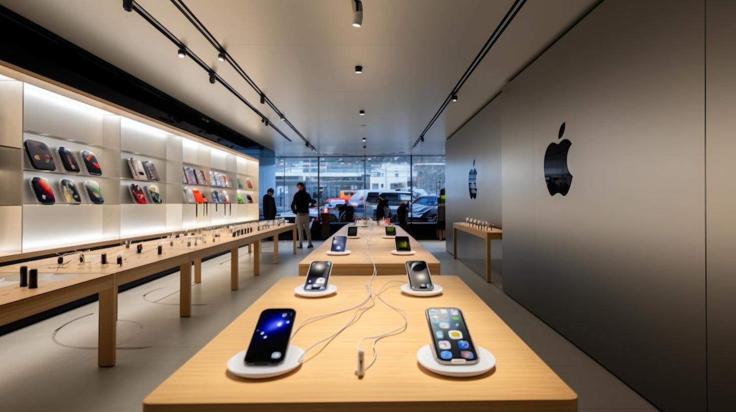 Una meticulosa y premiada exhibición de la tienda Apple, con mesas de teléfonos y estantes, resaltada por paneles de resina opaca y un rango dinámico alto, presentando un diseño simple, gráfico y simétrico.