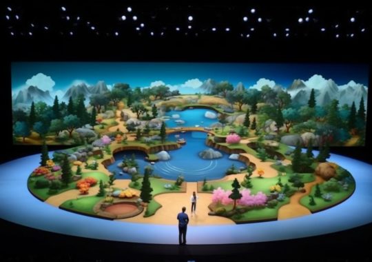 Un escenario vacío que proyecta una imagen animada de un bosque lleno de árboles y vegetación, con personajes caprichosos, en el estilo grandioso y llamativo de Jeff Koons, inspirado en los paisajes tradicionales chinos.