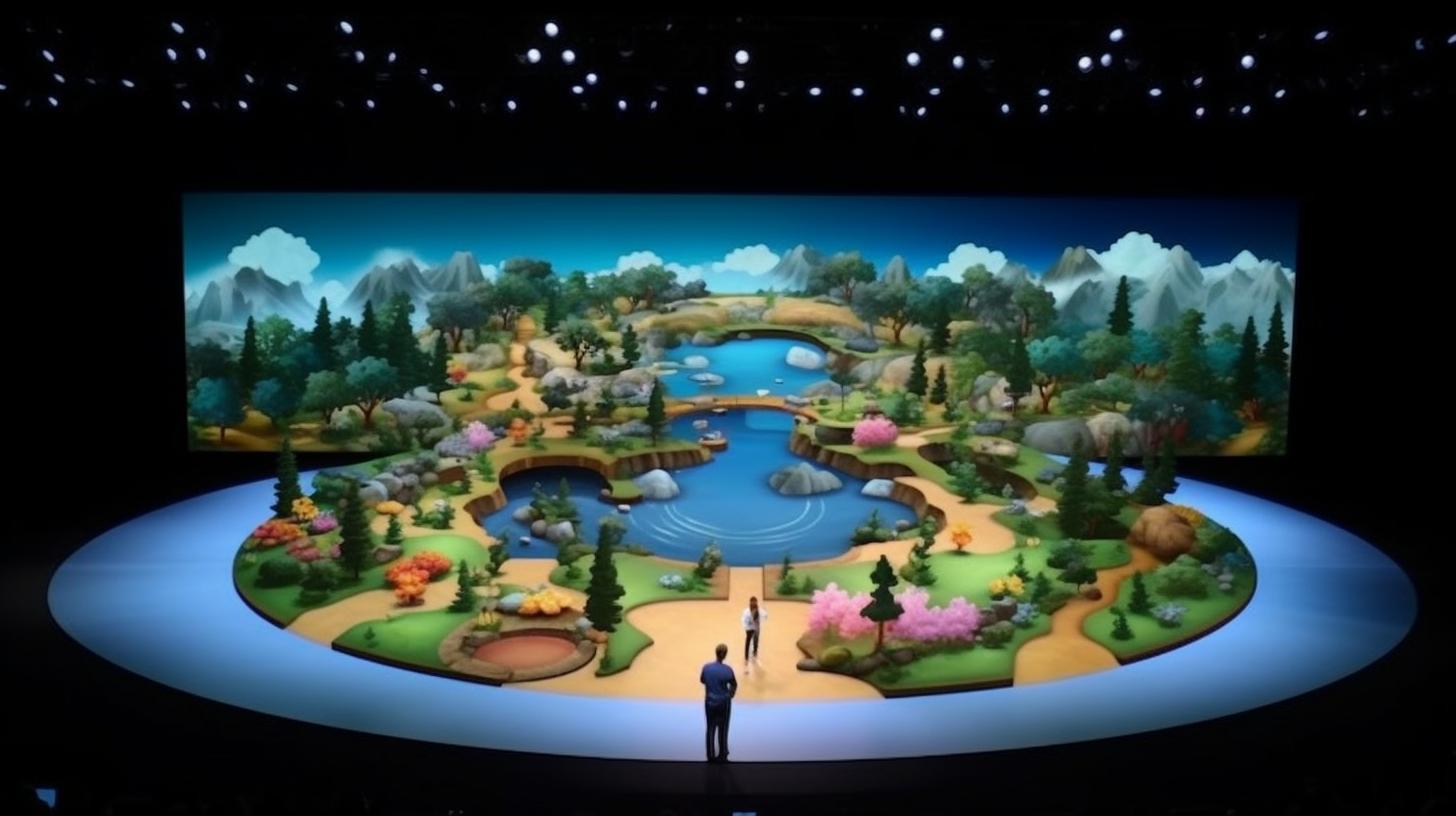 Un escenario vacío que proyecta una imagen animada de un bosque lleno de árboles y vegetación, con personajes caprichosos, en el estilo grandioso y llamativo de Jeff Koons, inspirado en los paisajes tradicionales chinos.