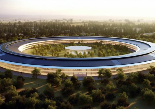 "Representación artística del campus de Apple, con árboles y un edificio circular, en tonos de bronce claro y azul oscuro, que evoca una sensación de lujo y simplicidad."