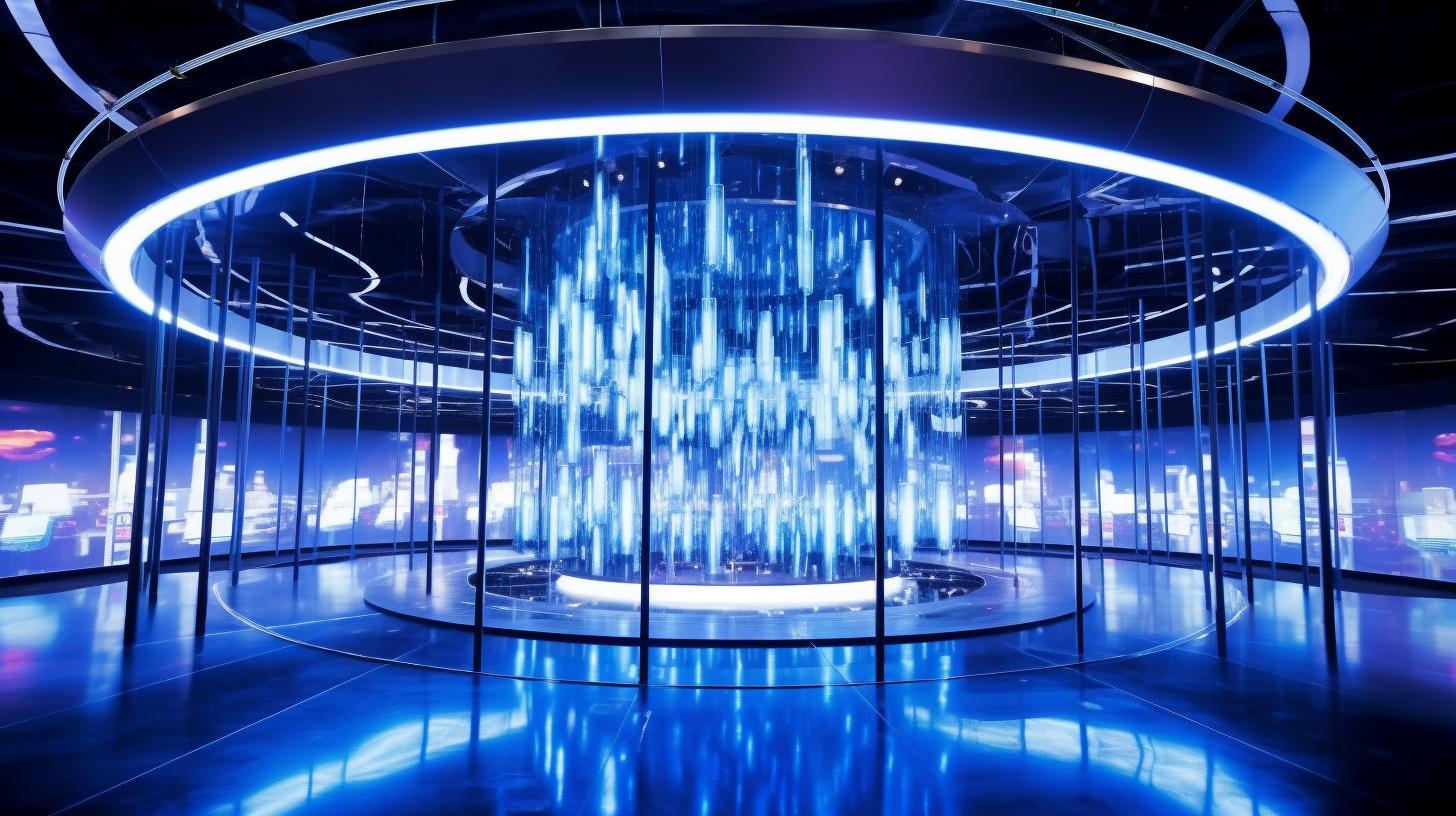 Una instalación interactiva de una cúpula de vidrio circular iluminada con una luz azul, presentada en un estilo elegante y estilizado, reimaginada con pinceladas energéticas y un toque audaz pero elegante.