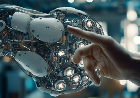 Un hombre interactuando con una mano robótica de color plateado en un entorno industrial, destacando la conexión humana y tecnológica, con tonos de azul claro.