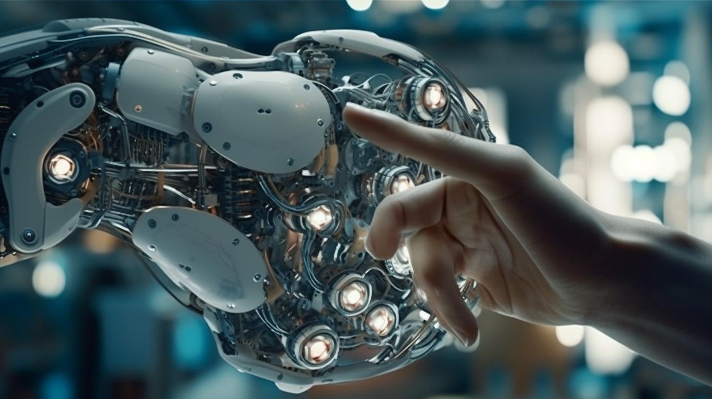 Un hombre interactuando con una mano robótica de color plateado en un entorno industrial, destacando la conexión humana y tecnológica, con tonos de azul claro.