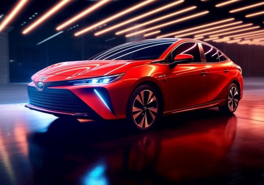 Un Toyota Corolla 2020 iluminado, bañado en tonos rojos y naranjas, que emana una energía juvenil y lujosa, con detalles de estilo hurufiyya y agua hiperrealista en un fondo marrón claro.