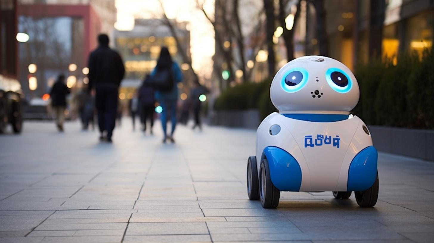 Un robot azul y blanco camina por la acera, en un estilo que critica la cultura de consumo, con influencias de precisión y distorsión de datos, evocando una sensación cálida.