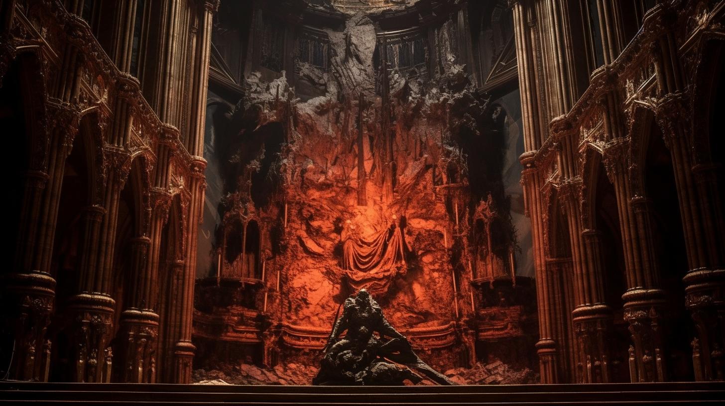 "Imagen hiperrealista de una catedral en llamas, con detalles minuciosos y esculturas desgastadas, en tonos rojos y bronce, evocando el estilo oscuro y figurativo del rococó."