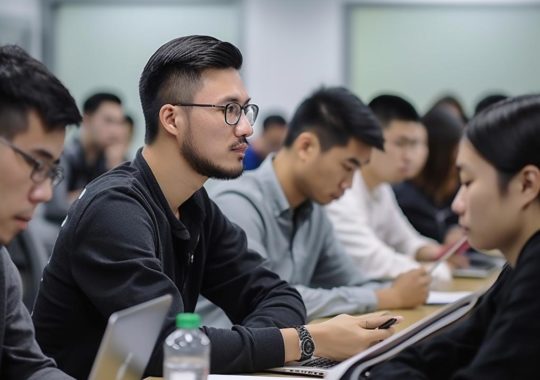 "Un grupo de personas sentadas en un amplio salón de clases, con una estética en tonos grises y negros suaves, destacando la definición de los bordes y el contraste de texturas, resultando en una imagen atractiva."