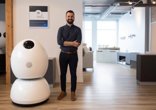 Un hombre posando junto a un robot de oficina inteligente, en un retrato de estilo André Leblanc, con la calidad y los colores vivos característicos de una foto tomada con Provia, y la influencia artística de Rashad Alakbarov y Mandy Disher.