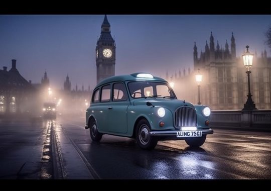 Un antiguo taxi verde vintage estacionado frente al Big Ben, envuelto en una escena luminosa y soñadora que captura la belleza inigualable de la estética real y autopunk entre la niebla.