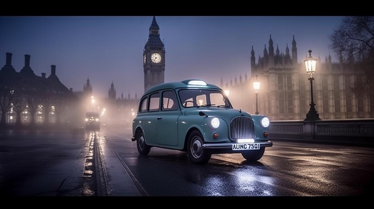 Un antiguo taxi verde vintage estacionado frente al Big Ben, envuelto en una escena luminosa y soñadora que captura la belleza inigualable de la estética real y autopunk entre la niebla.