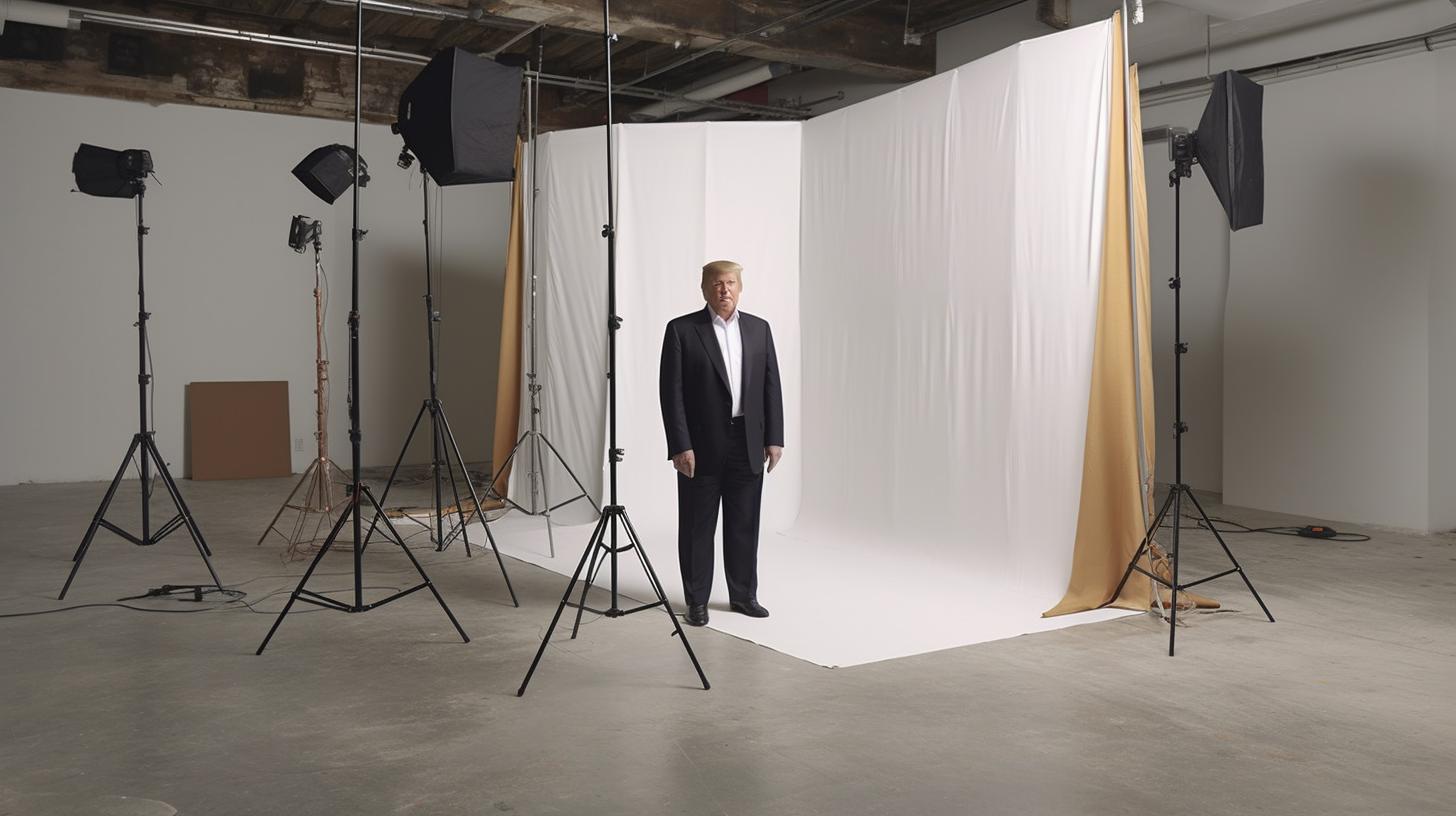 "Donald Trump en un set de estudio vacío, con una pequeña cámara de utilería en su soporte, rodeado de textiles minimalistas y tonos de azul marino claro y gris claro, evocando un retrato ampliado y reimaginado por Industrial Light and Magic."