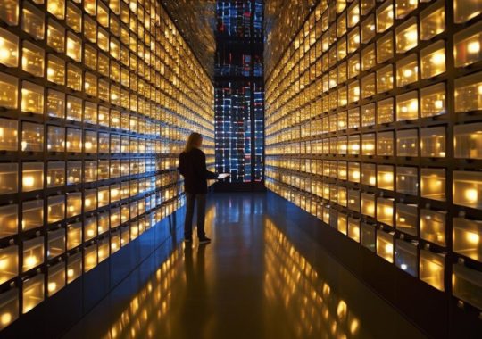 "Una persona parada junto a filas de cajas iluminadas, evocando una atmósfera de investigación artística al estilo de una fotografía de National Geographic."