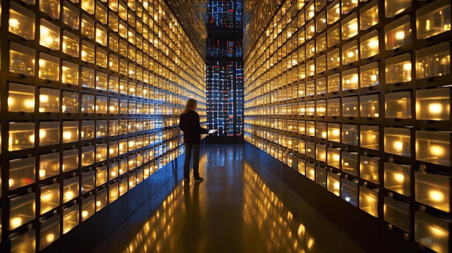 "Una persona parada junto a filas de cajas iluminadas, evocando una atmósfera de investigación artística al estilo de una fotografía de National Geographic."