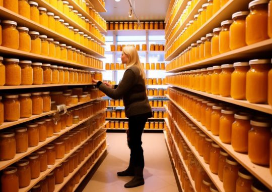 Una mujer observando una hilera de estantes llenos de frascos amarillos, en un estilo que evoca la naturaleza noruega, con tonos de naranja claro y ámbar, reminiscente del arte de Even Mehl Amundsen.