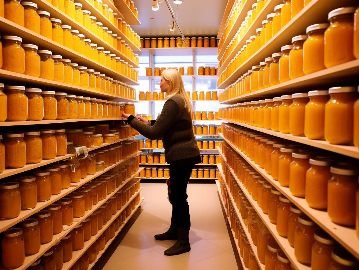Una mujer observando una hilera de estantes llenos de frascos amarillos, en un estilo que evoca la naturaleza noruega, con tonos de naranja claro y ámbar, reminiscente del arte de Even Mehl Amundsen.