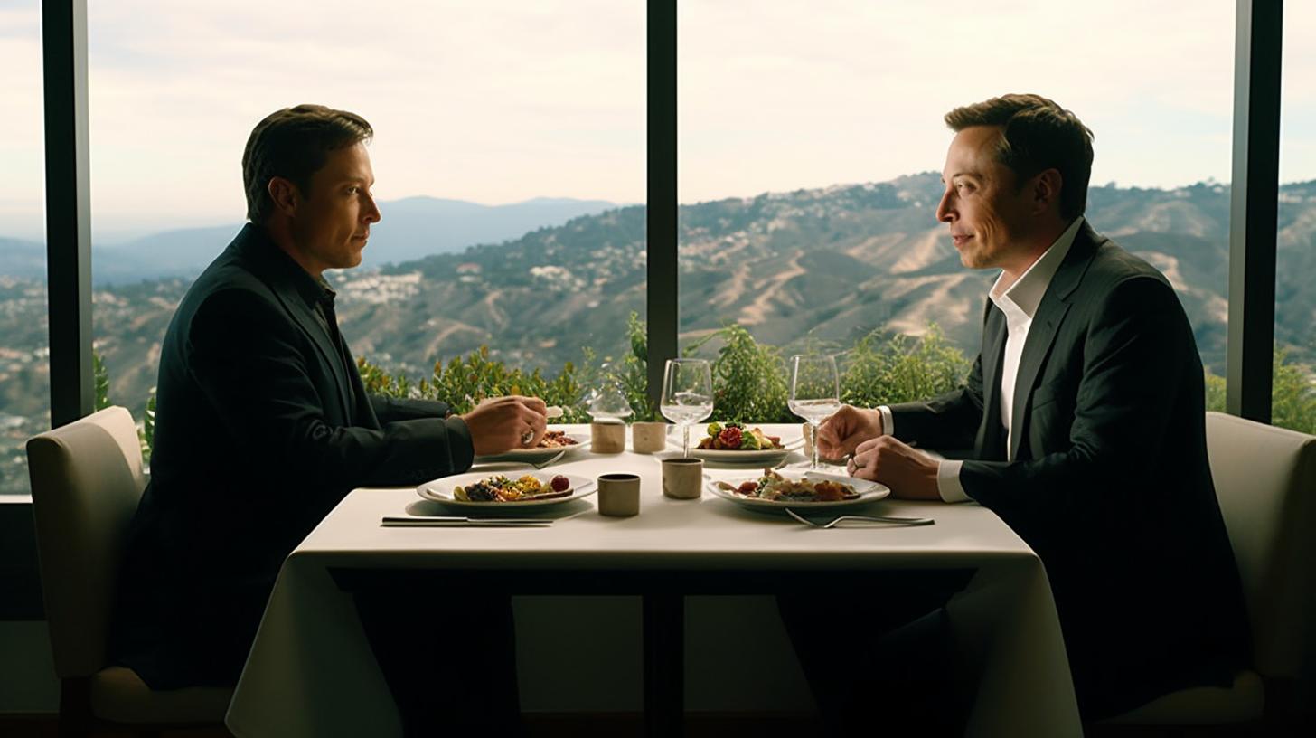 Dos hombres sentados en una mesa, mirando hacia una vista panorámica, con un estilo moderno y lujoso que recuerda a las imágenes fijas de una película.