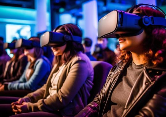 Una multitud de personas en un auditorio con gafas de realidad virtual, en un ambiente de exposición interactiva con un enfoque selectivo en diseños estructurales audaces.