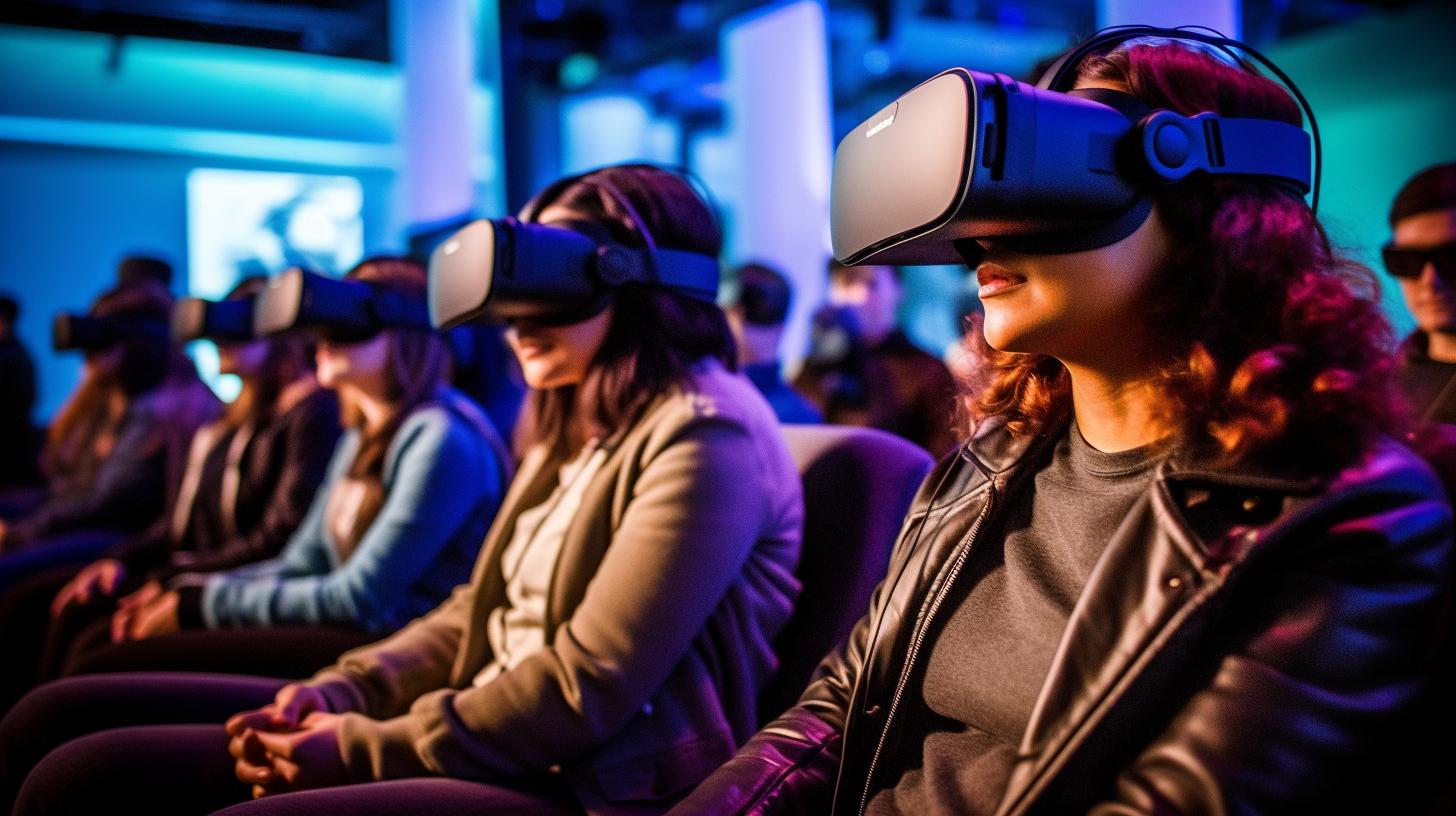 Una multitud de personas en un auditorio con gafas de realidad virtual, en un ambiente de exposición interactiva con un enfoque selectivo en diseños estructurales audaces.