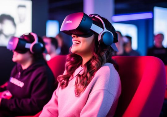 Mujeres usando gafas de realidad virtual jugando videojuegos en un evento, con un estilo audaz y soñador en tonos de magenta claro y rojo, evocando un diseño industrial.