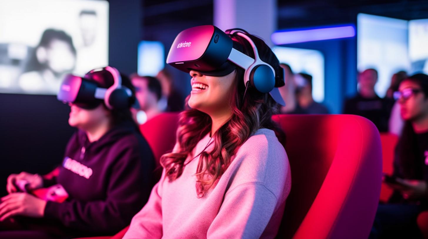 Mujeres usando gafas de realidad virtual jugando videojuegos en un evento, con un estilo audaz y soñador en tonos de magenta claro y rojo, evocando un diseño industrial.