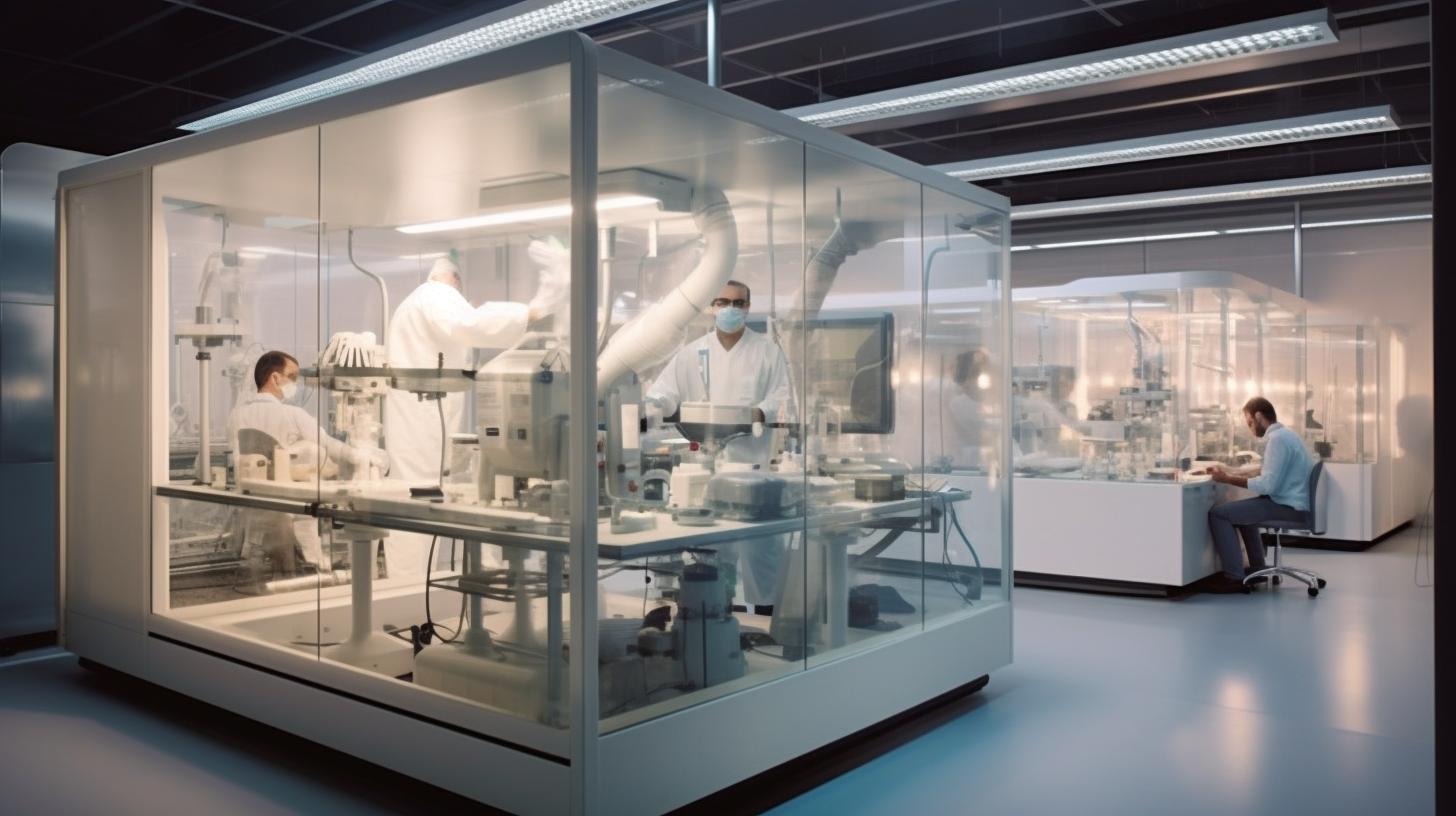 Un laboratorio de vidrio abierto con personas trabajando en él, representado con precisión hiperrealista y una atmósfera suave, en tonos blancos y ámbar claro.