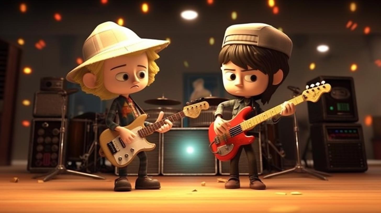 "Dos personajes de dibujos animados tocan la guitarra en un estudio de música, con un fondo humeante y suave, al estilo de Kim Jung Gi y Moise Kisling."