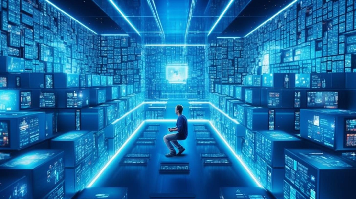 "Una visión surrealista y cyberpunk de un gigantesco almacén de datos futurista, bañado en tonos de azul claro y azul cielo."