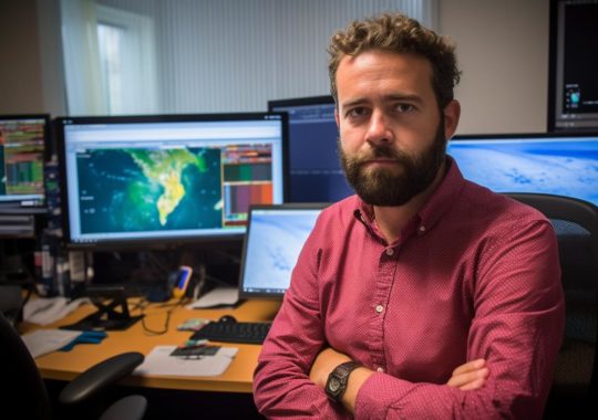 Un hombre sentado en una oficina rodeado de monitores de computadora, en un estilo vibrante y preciso que evoca la cartografía y el clima inclemente, reminiscente del trabajo de Scarlett Hooft Graafland y Frederick Morgan.