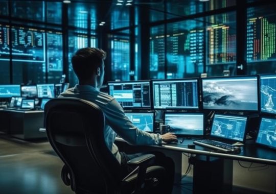 Un hombre en una estación de trabajo de comercio rodeado de múltiples computadoras y monitores, iluminado con una atmósfera sombría y luces tenues, en tonos oscuros de cian y beige, con un estilo audaz de contrastes fuertes.