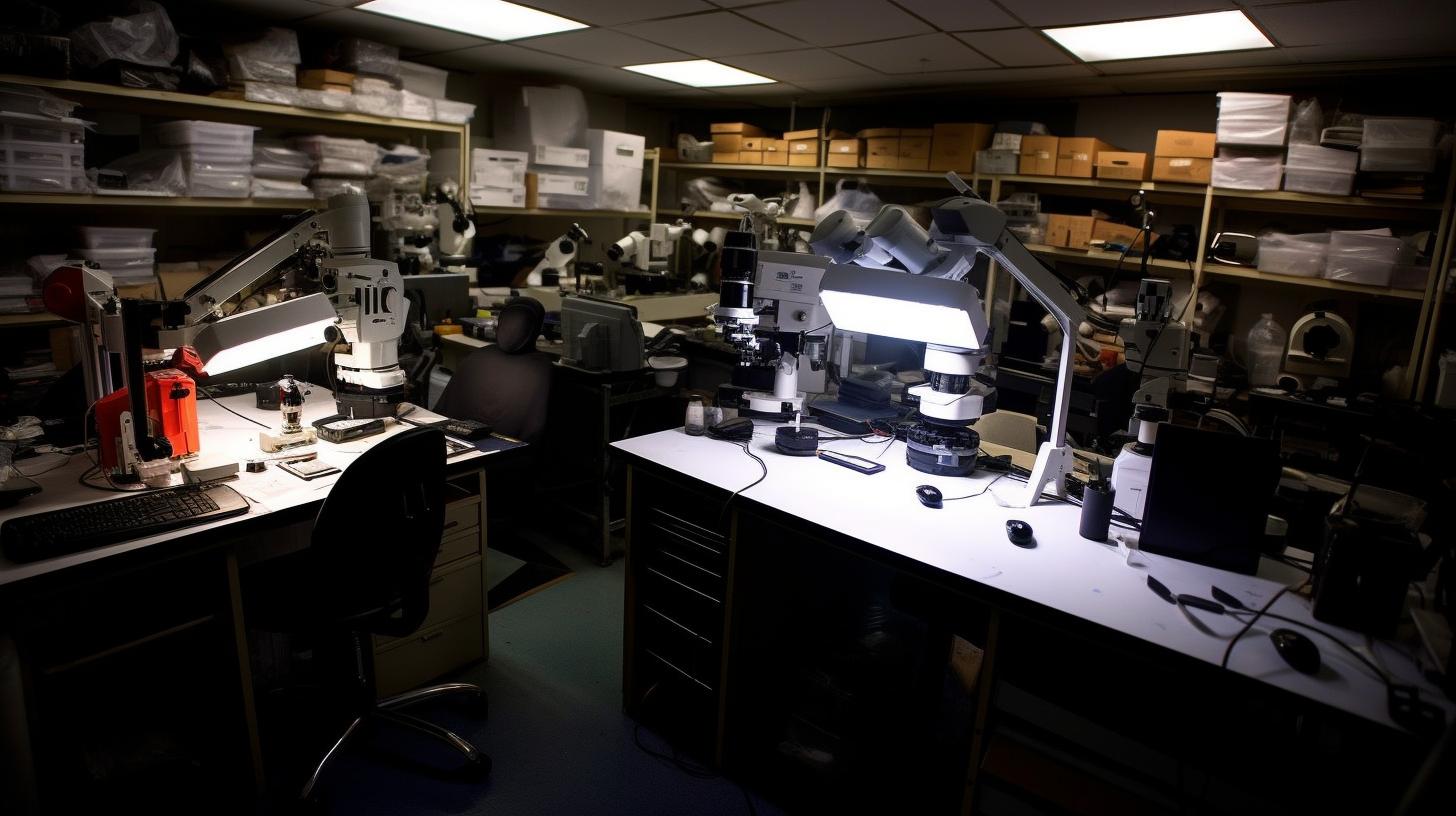 "Un laboratorio pequeño y bien iluminado, lleno de equipo informático, con detalles de tallados en piedra orgánica y un ambiente meticuloso, evocando la sensación de una película en microfilm."