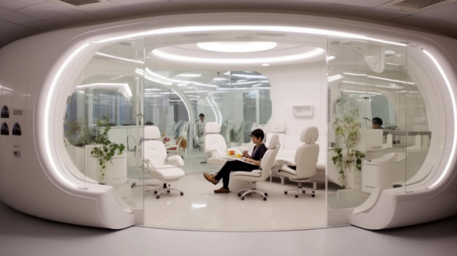 Una oficina futurista de tratamiento médico con una atmósfera de ensueño, líneas suaves y curvas, en tonos claros y blancos que transmiten una sensación de calma y meditación.