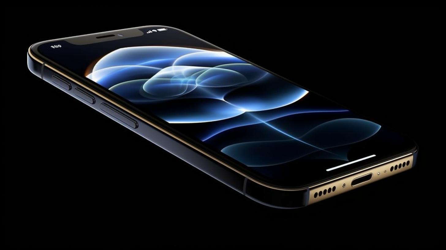 "Un iPhone 12 encendido, destacado contra un fondo negro, con detalles realistas y finas curvas, presentado en un estilo que enfatiza la emoción sobre el realismo, con tonos de índigo y oro."