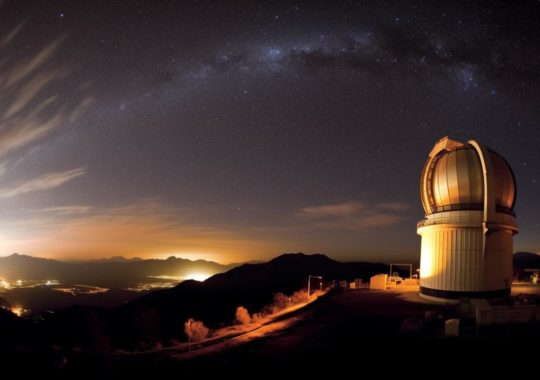 Un observatorio iluminado en la cima de una montaña, con un efecto de solarización y tonos dorados y negros suaves, evocando un ambiente académico y científico con un alto rango dinámico.