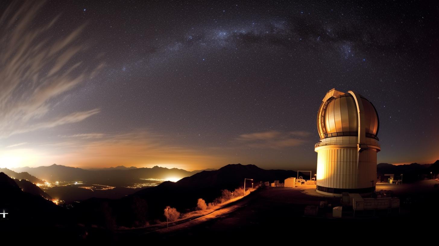 Un observatorio iluminado en la cima de una montaña, con un efecto de solarización y tonos dorados y negros suaves, evocando un ambiente académico y científico con un alto rango dinámico.
