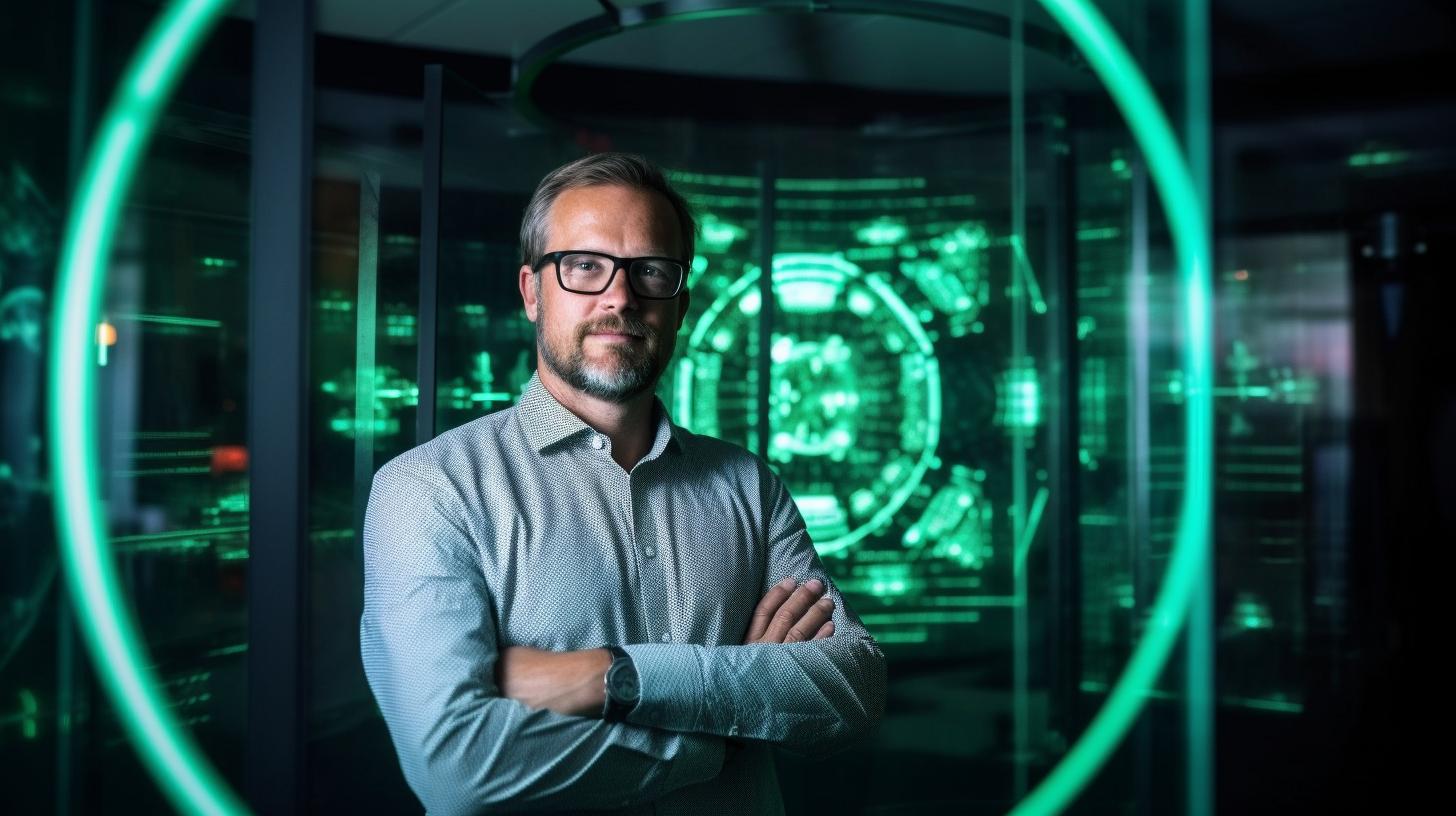 "Futurista Sarjan Kachru frente a una gran pantalla de vidrio, en un estilo verde y cibernético de ciencia ficción."