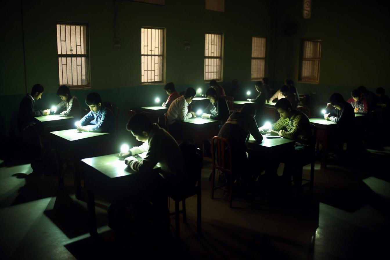 "Estudiantes estudiando en una escuela oscura, iluminados por sombras precisas y luminosas."